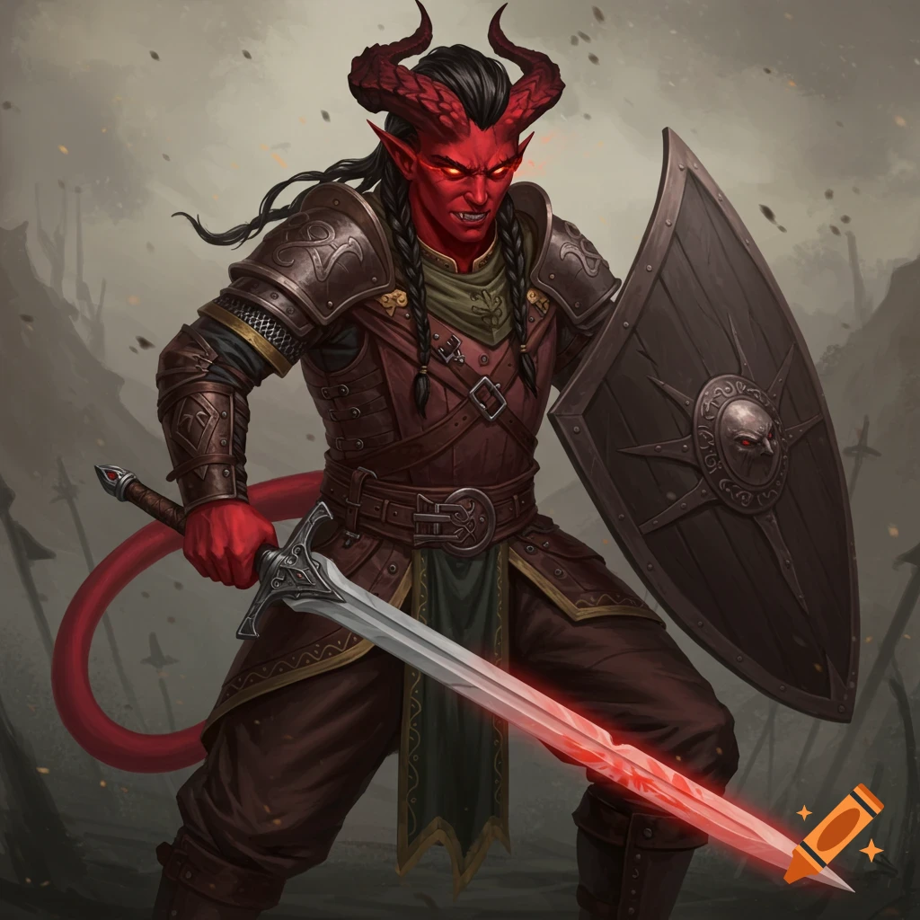 A red Tiefling warrior in armor holds a sword and shield in a battlefield.