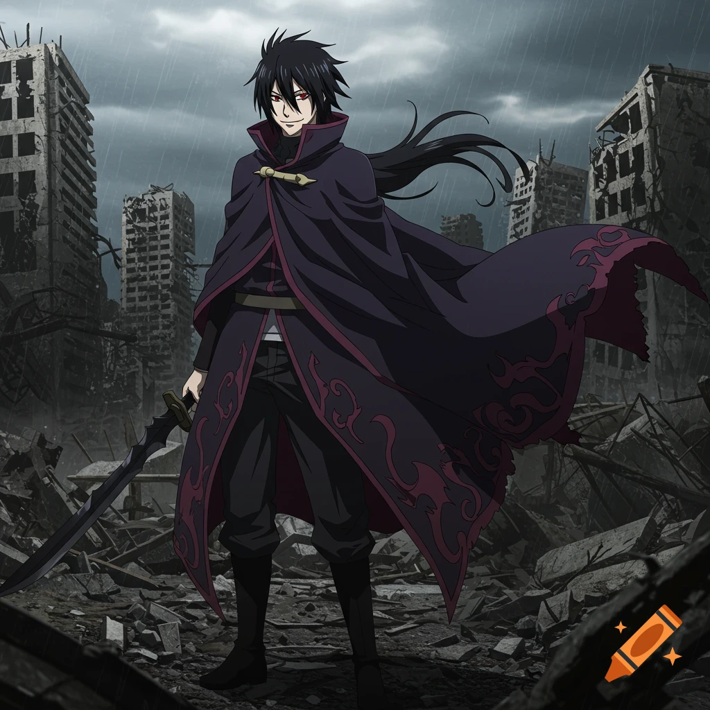 Anime man in cape with sword standing in a ruined city under a stormy sky
