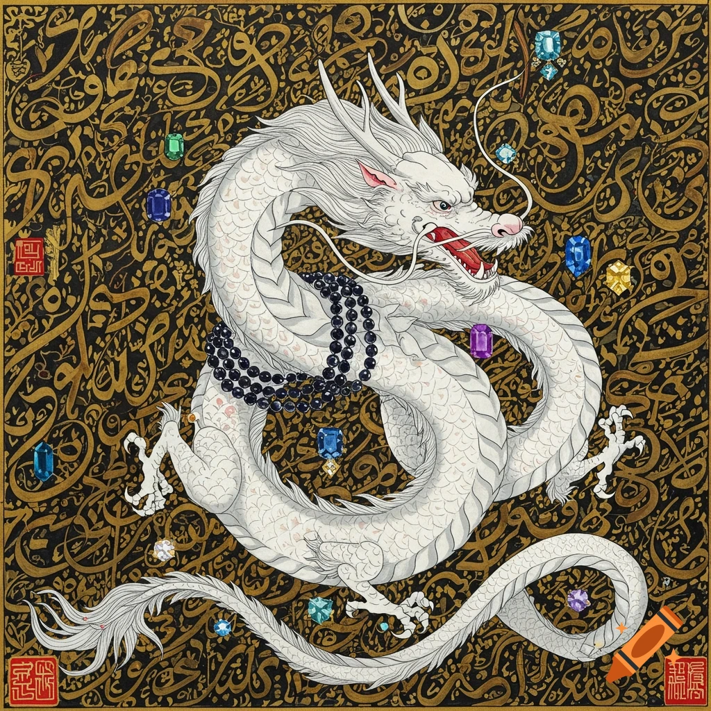 White dragon with pearl necklace among gemstones and gold calligraphy pattern, traditional painting style.