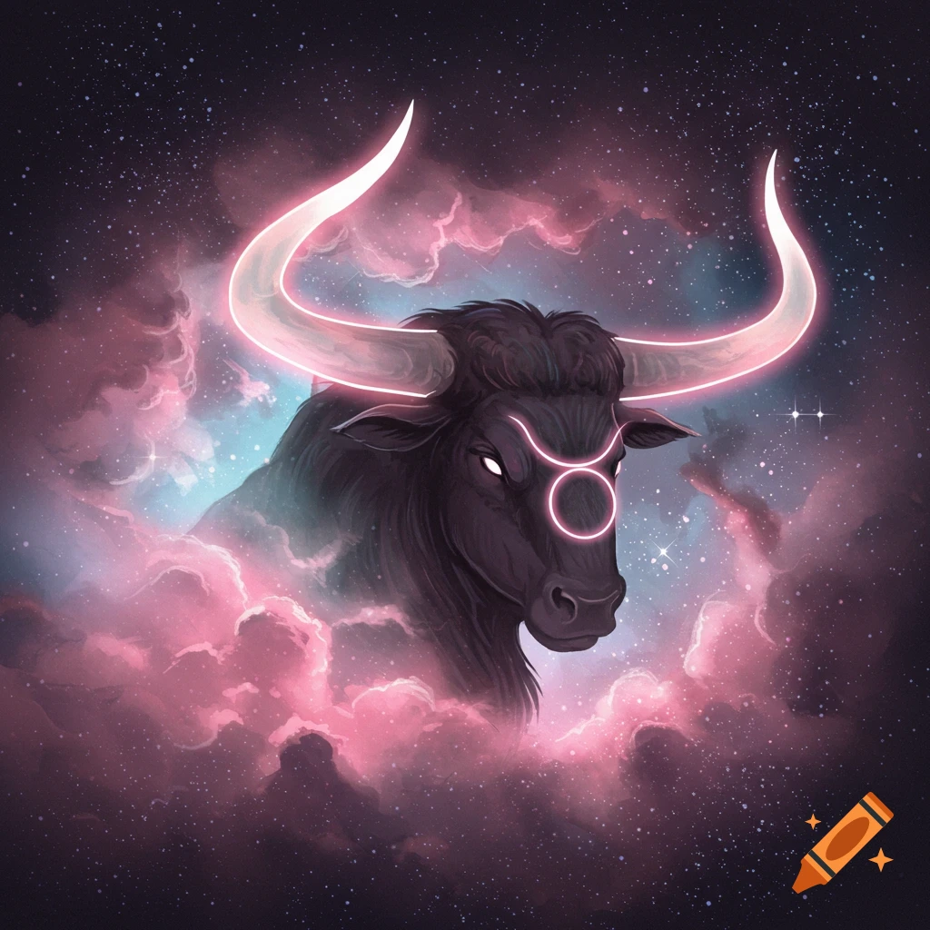 A bull with glowing horns and Taurus symbol, in a cosmic sky with pink clouds