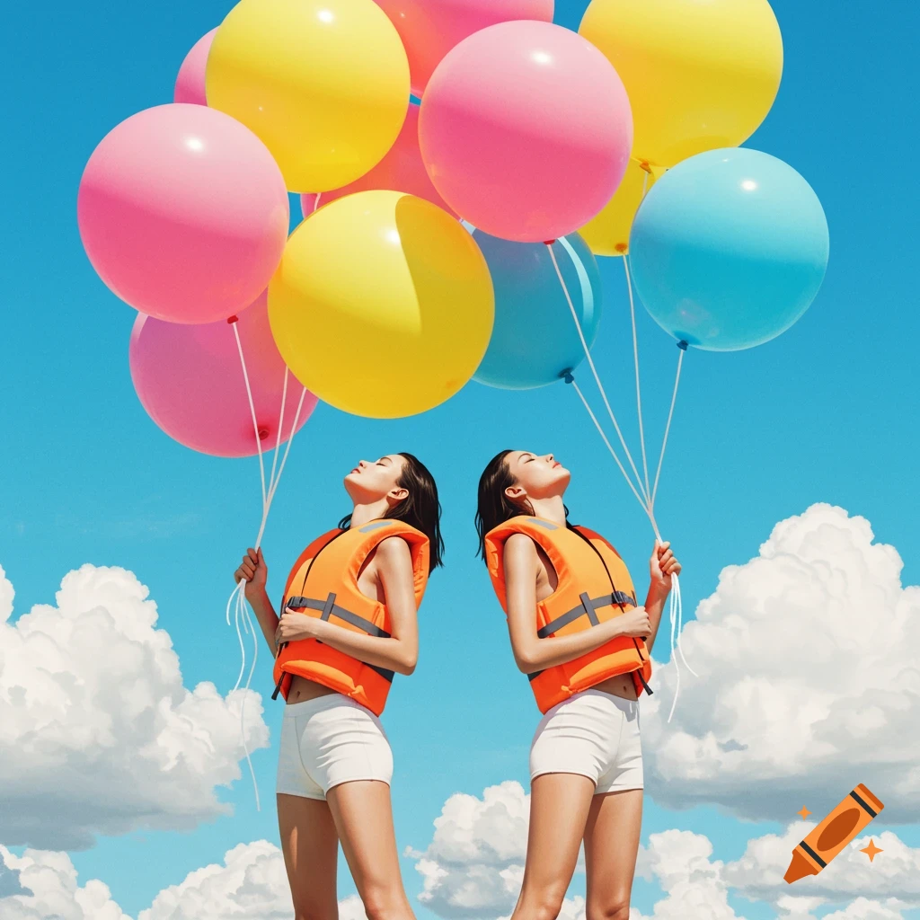 Two women in life vests hold colorful balloons against a blue sky with clouds.