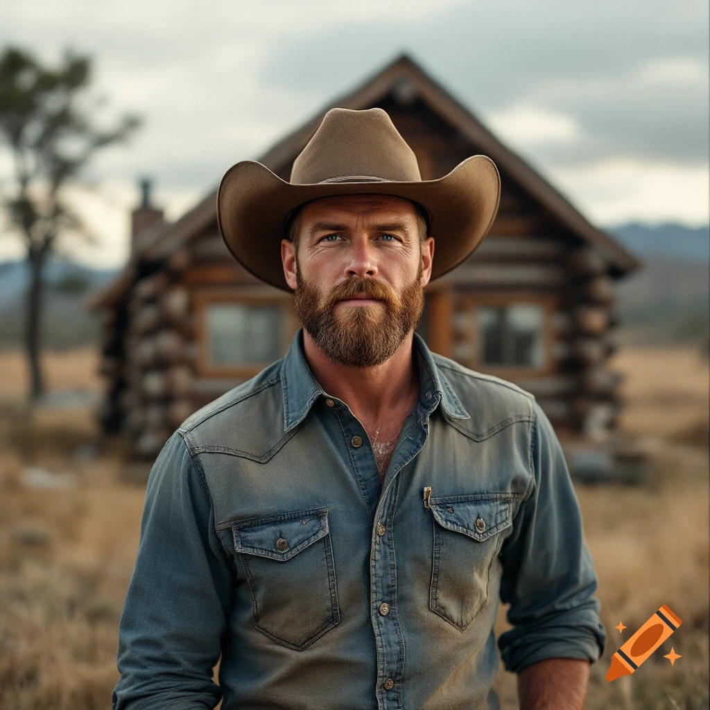 Portrait of a bearded cowboy in a denim shirt and hat, standing in front of a log cabin.