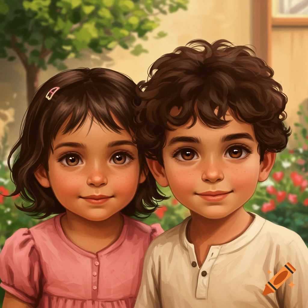A boy and girl smiling in a garden.