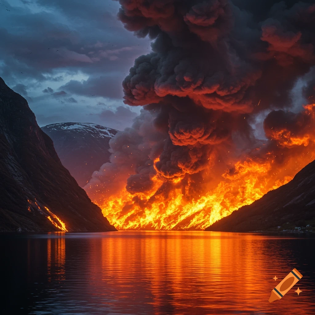 A fjord engulfed in a massive fire, with thick smoke billowing and reflecting in the water.