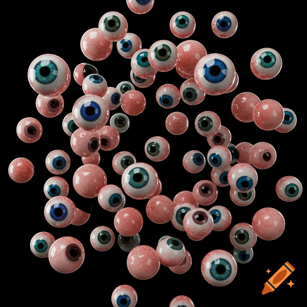 Many realistic eyeballs floating against a black background.