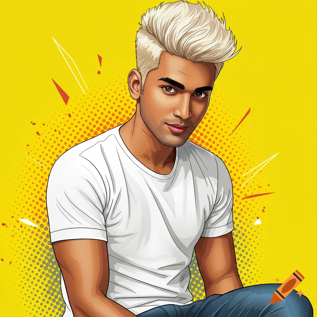 A young man with blonde hair against a yellow pop art background.