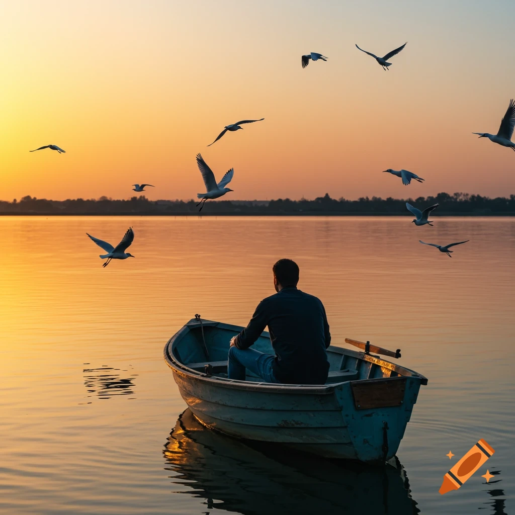 Man in a boat on the water at sunset with birds flying around.
