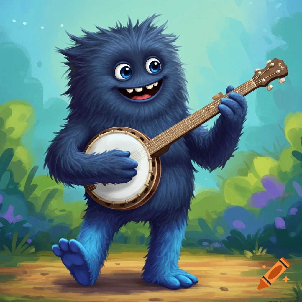 A cute blue furry monster stands playing a banjo in a stylized landscape.