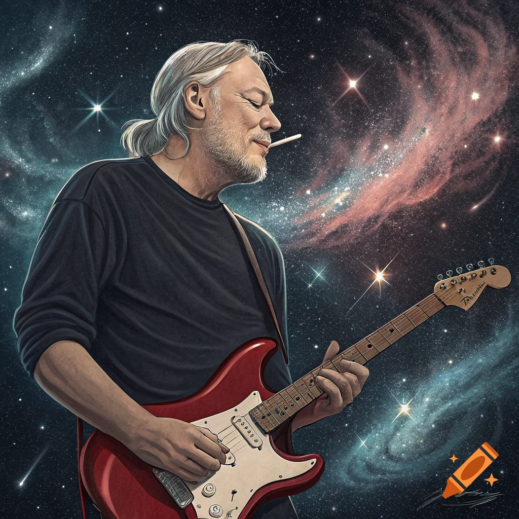 Illustration of David Gilmour playing a red guitar in space, surrounded by stars and nebulae.