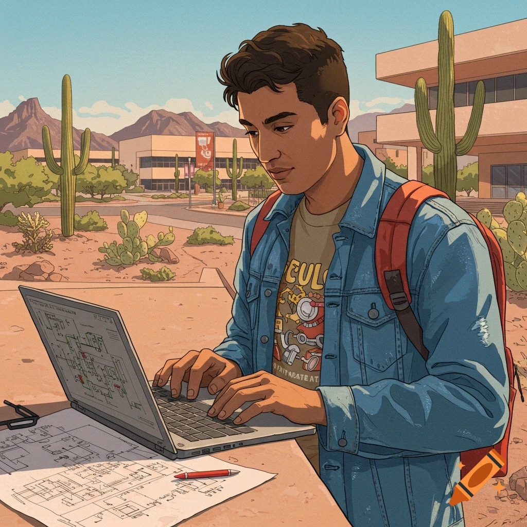 A college student working on a laptop and plans outdoors in Arizona.
