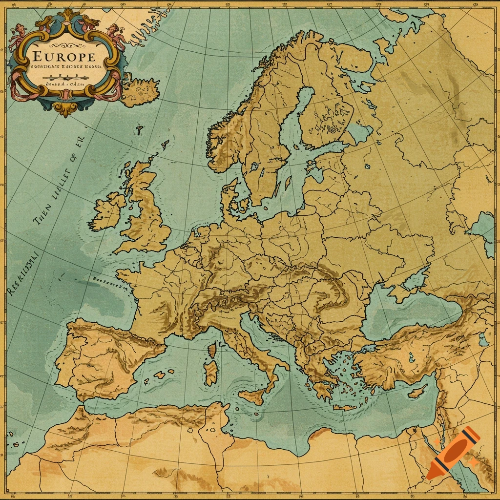A vintage-style map of Europe, showing physical features and political borders.