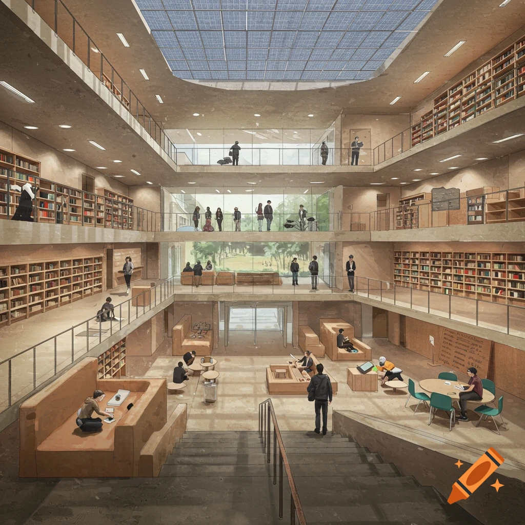 A spacious multi-level library interior with people studying and meeting. Features large windows and solar panels.