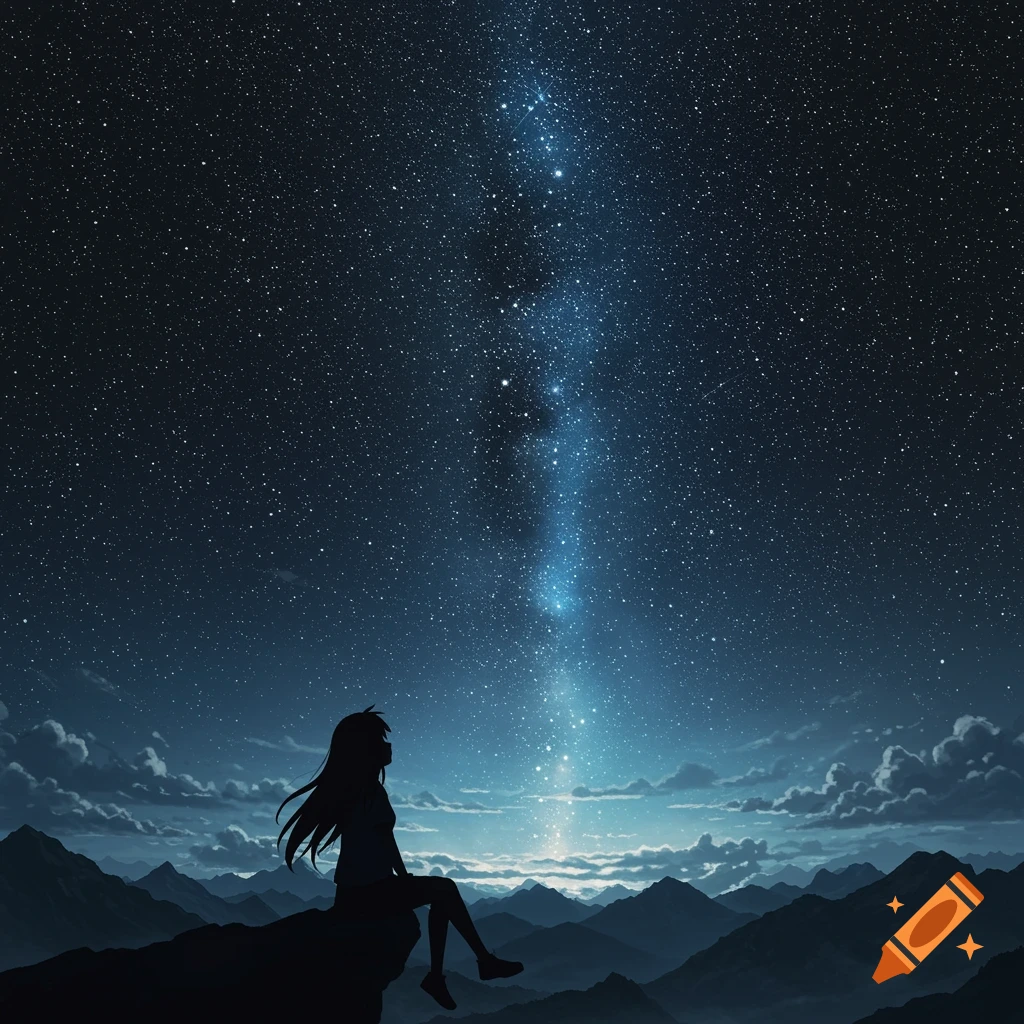 Silhouette of a girl on a mountain looking up at a starry night sky.