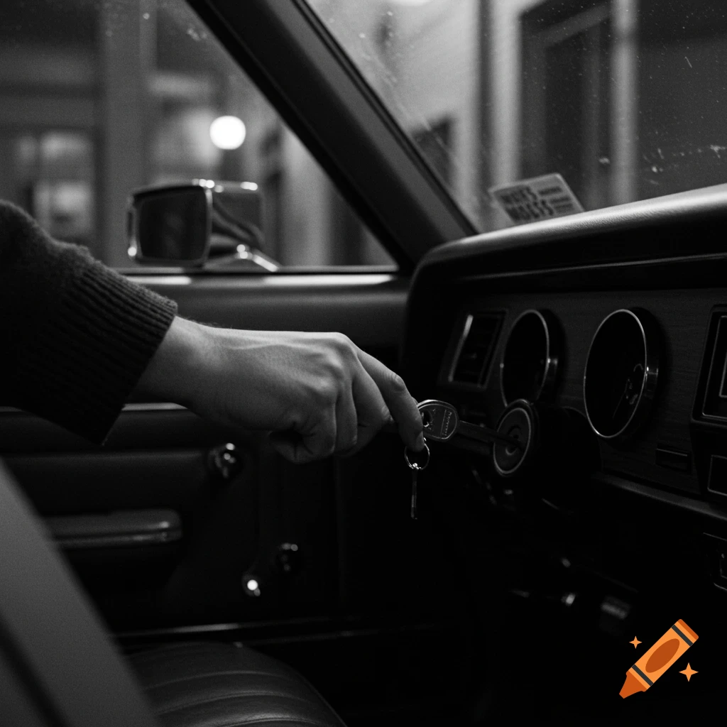Black and white photo of a hand putting a key in a car ignition, styled like film noir.
