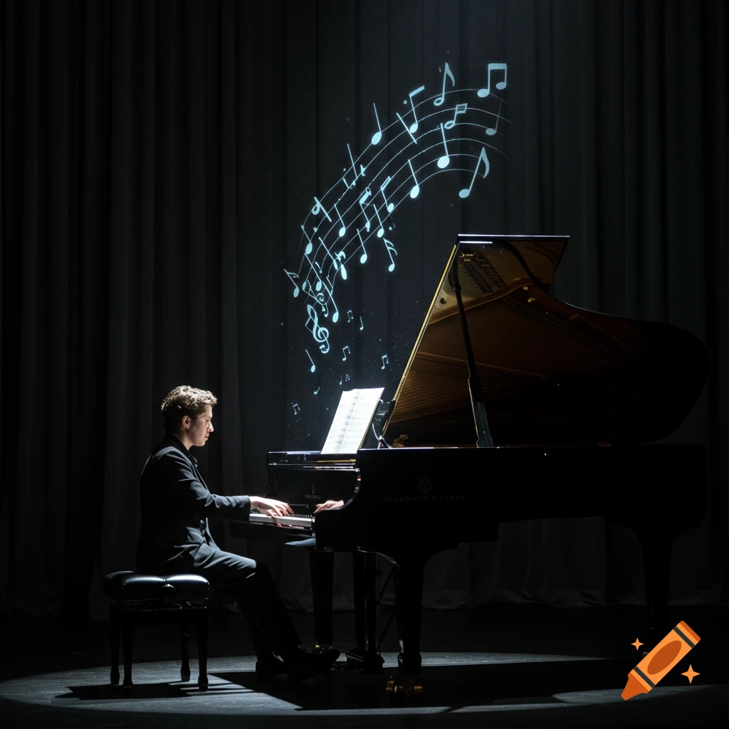 Pianist playing a grand piano on a dark stage with projected musical notes.