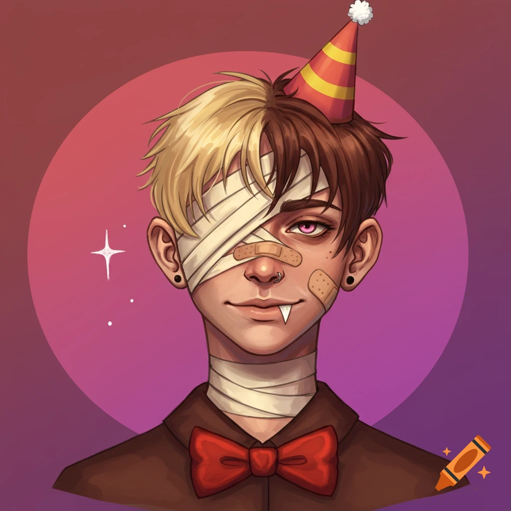 Character with split hair, bandaged eye, party hat, fang, and bow tie.