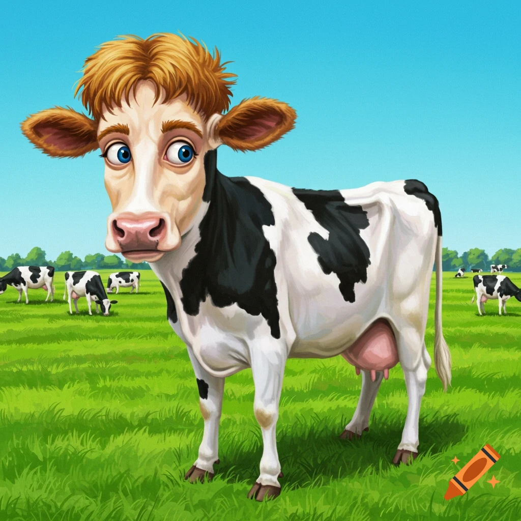 A cartoon cow with orange hair and blue eyes in a field.