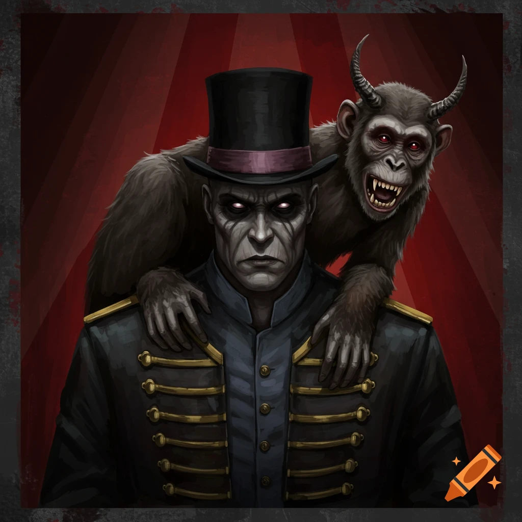 A creepy ringmaster with a demonic monkey on his shoulder stands against a red circus tent backdrop.