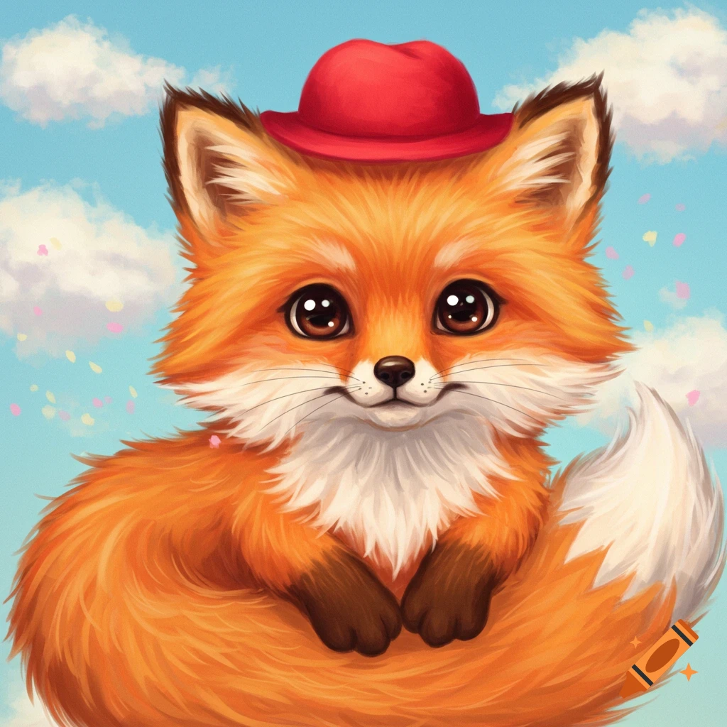 A cute cartoon-style fox wearing a red hat sits against a bright blue sky with clouds.