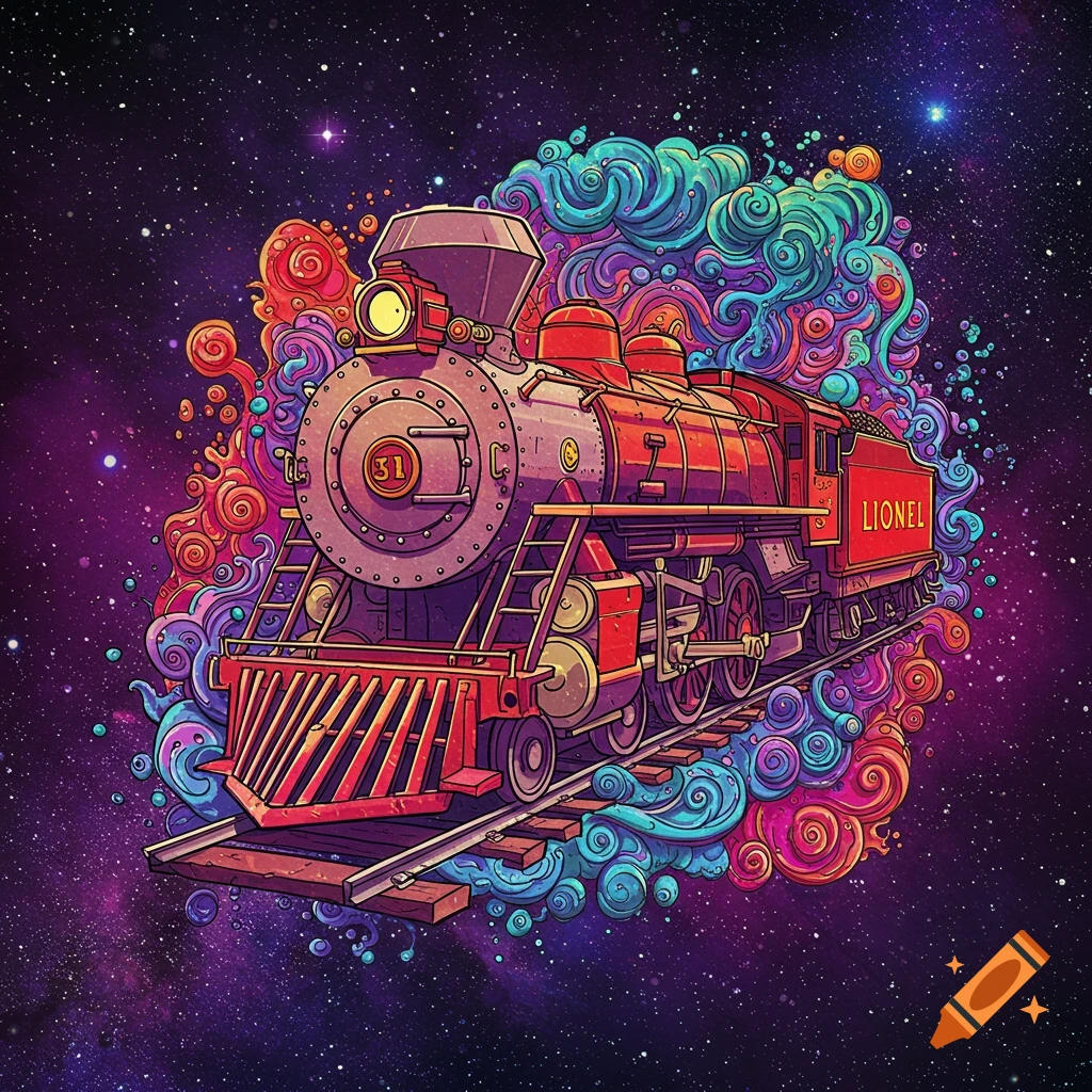 Stylized red train with swirling colorful smoke on tracks in space