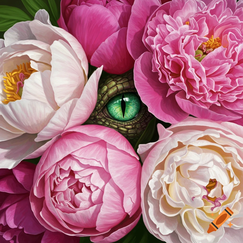A close-up painting of pink and white peonies with a green reptile eye in the center.