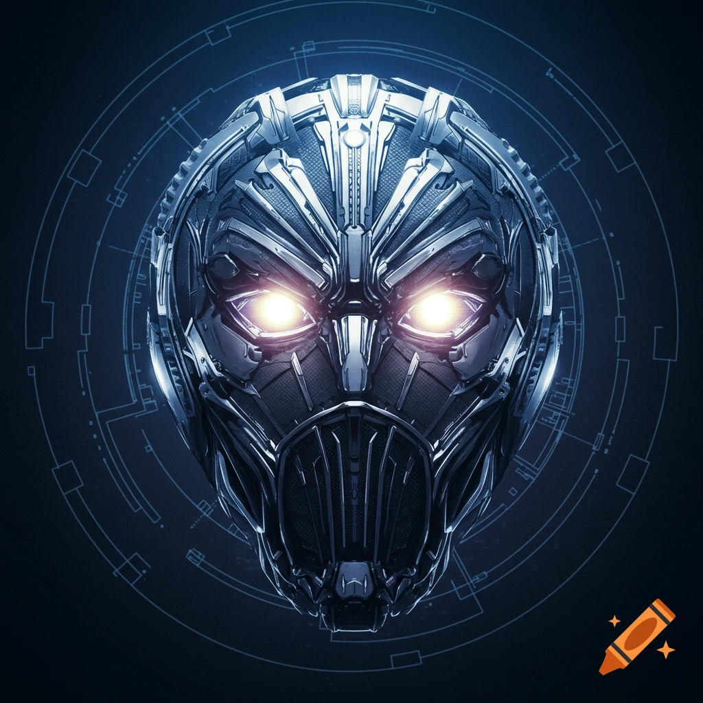 Close-up of a futuristic dark metallic cybernetic helmet with glowing eyes against a blue technical diagram background.