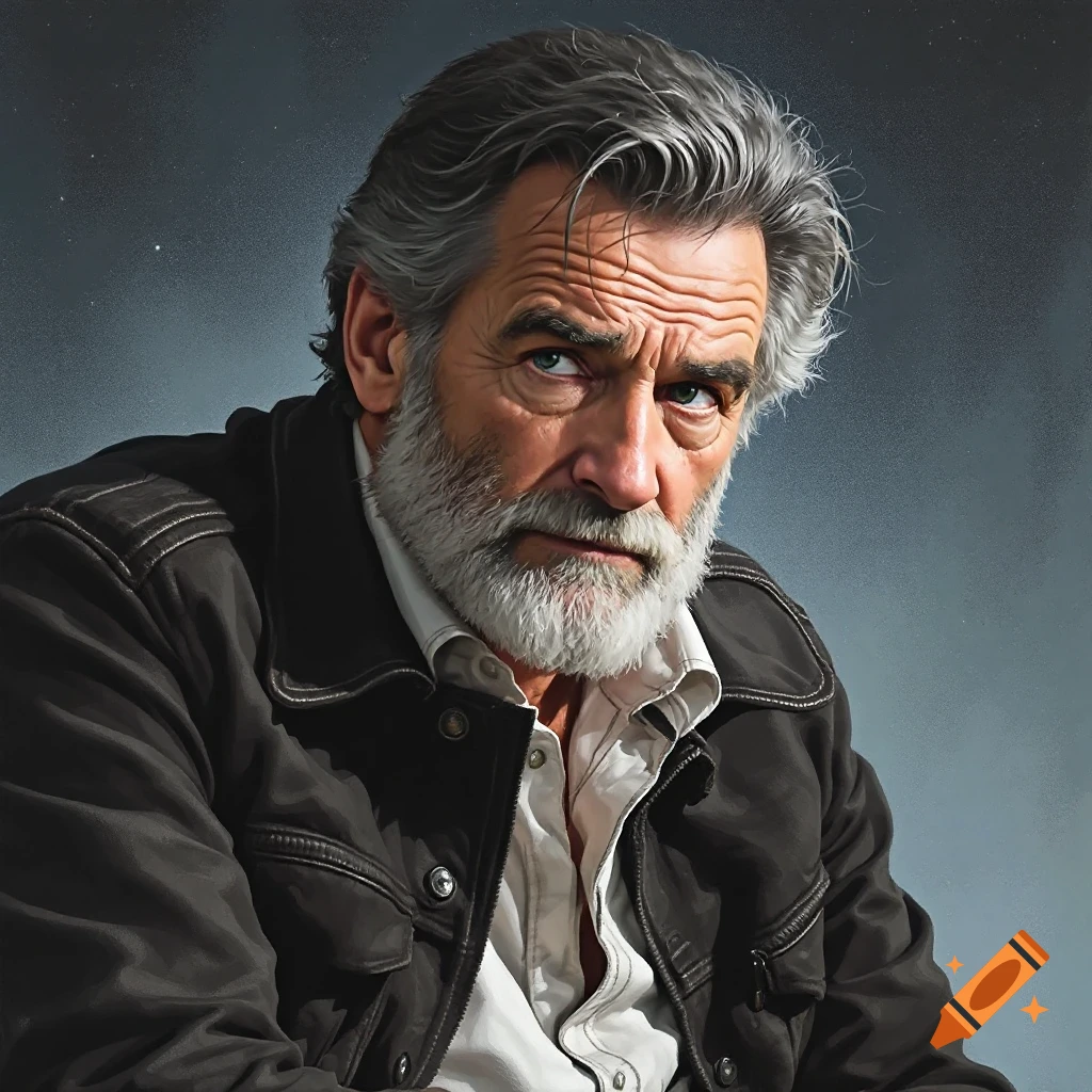 Portrait illustration of an older man with gray hair and beard wearing a black leather jacket