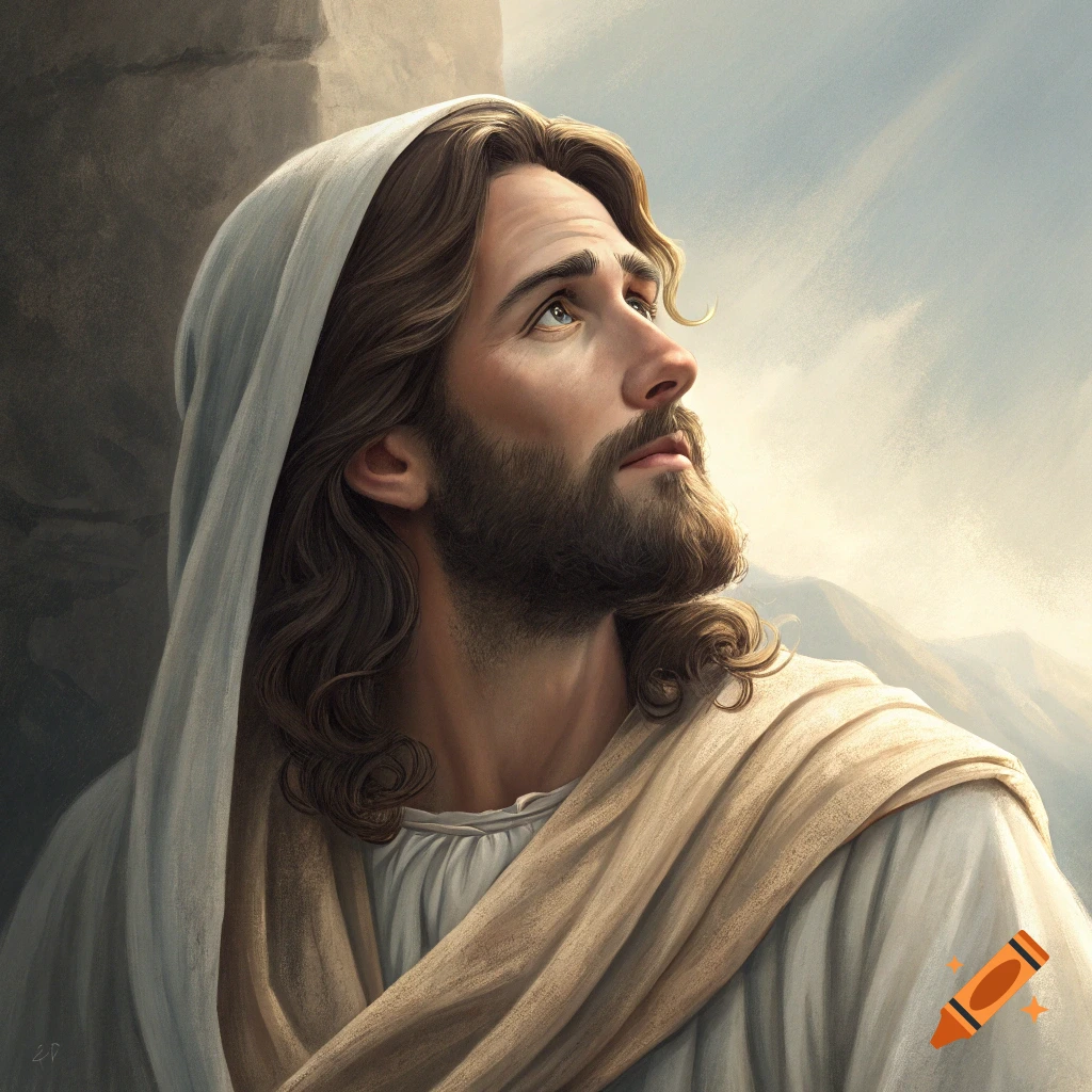 Portrait of Jesus looking upwards towards the sky, religious art style.