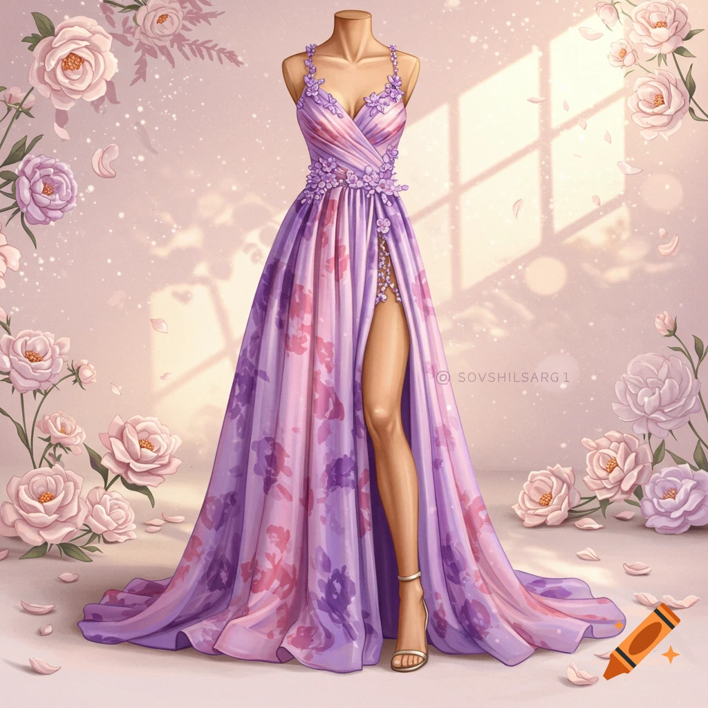 A purple and pink floral dress on a mannequin surrounded by flowers.