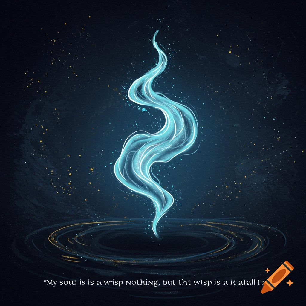 A glowing blue wisp rises from dark ripples against a starry, dark background.