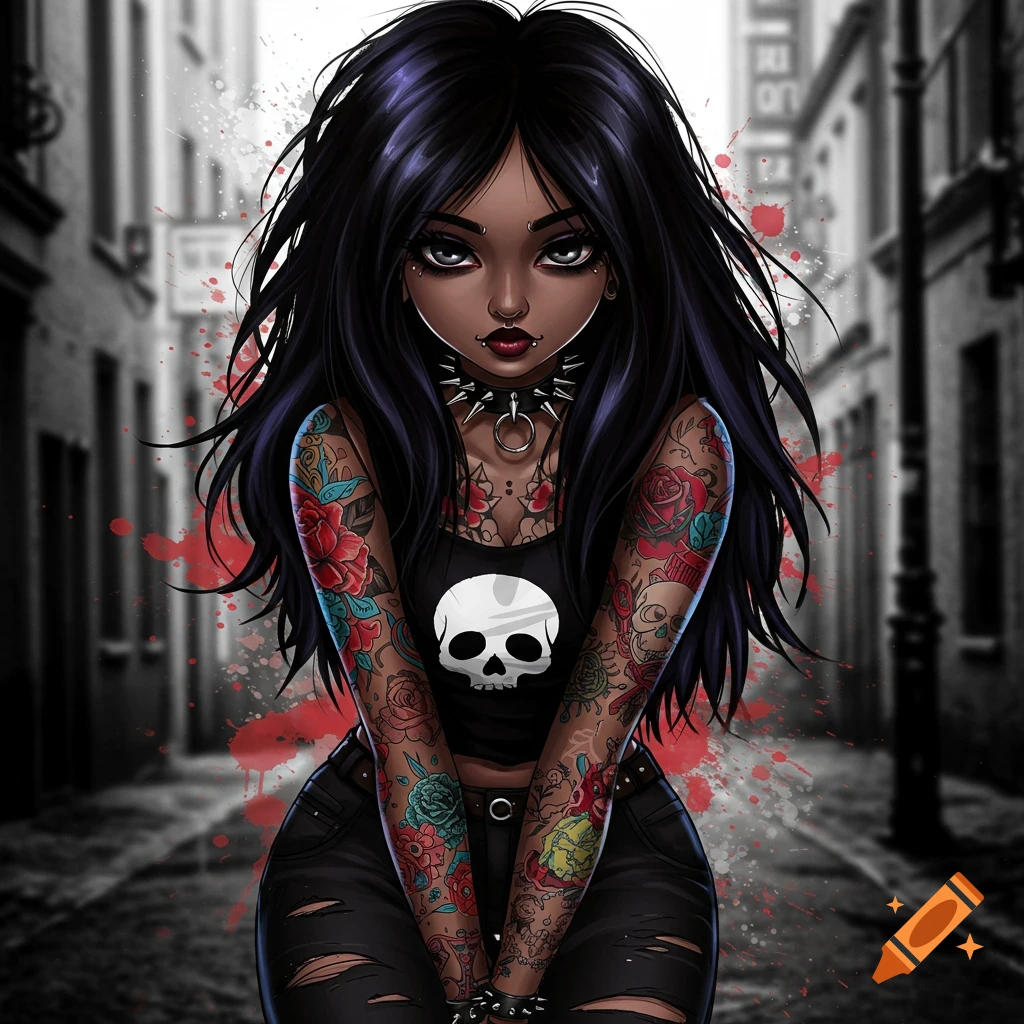 An anime illustration of a dark-skinned emo woman with tattoos and piercings standing in a street.
