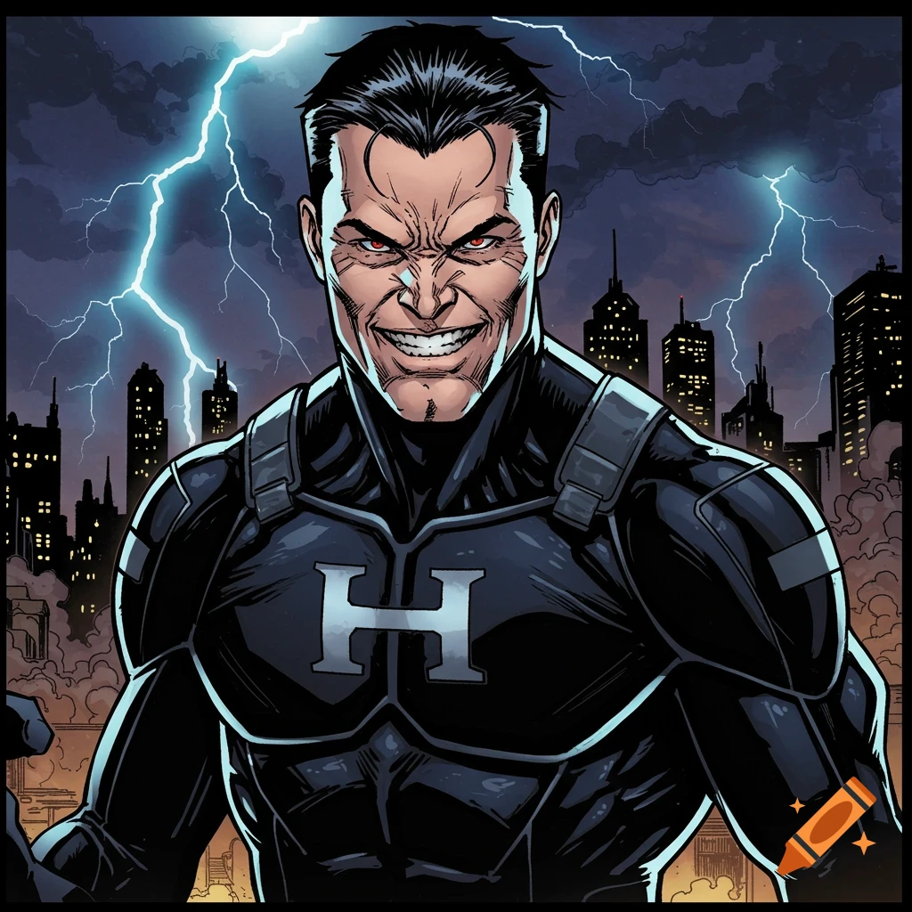 Comic art of a supervillain with red eyes and an 'H' on his chest standing in front of a lightning storm over a city