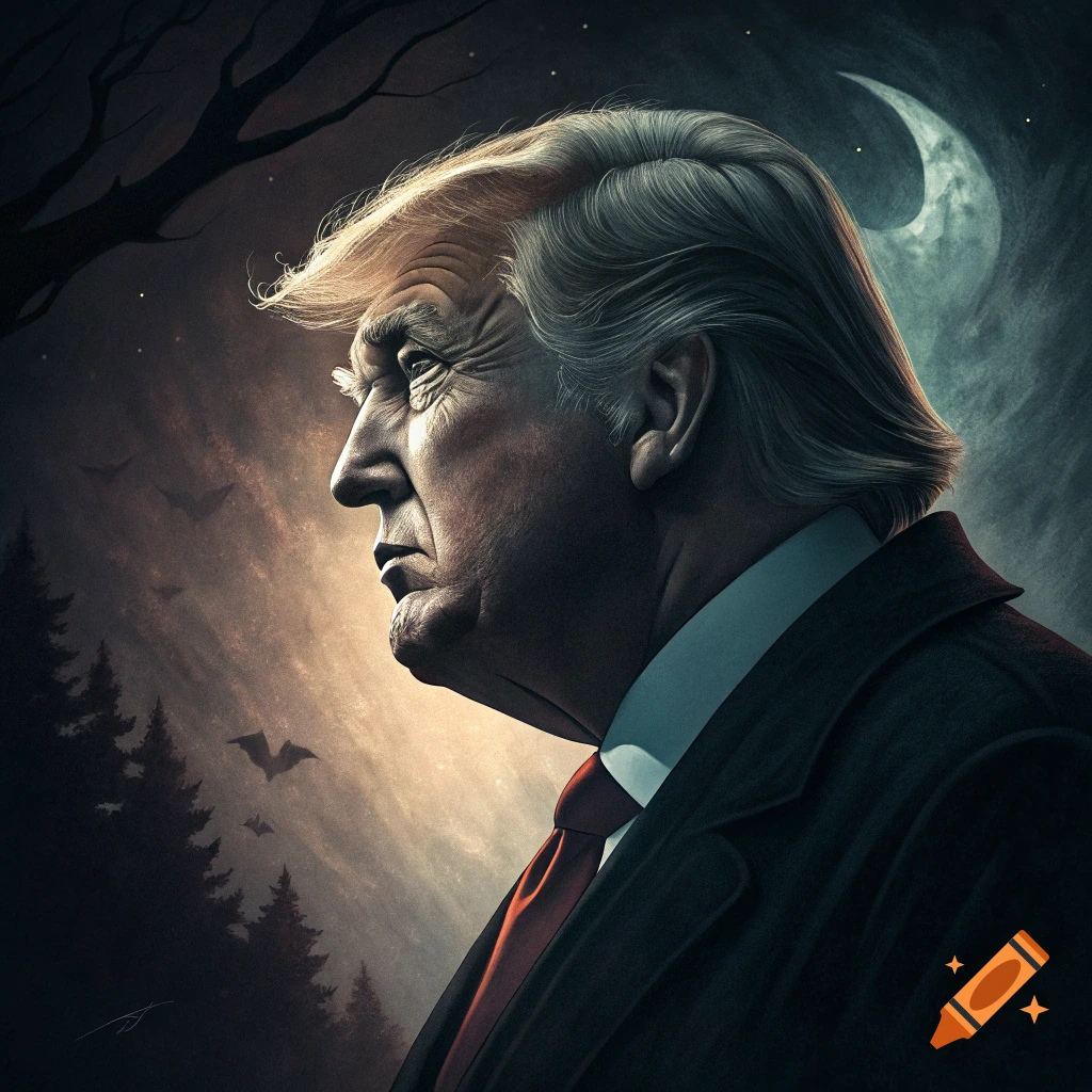 Profile portrait of Donald Trump in a dark, stylized illustration with bats and a crescent moon.