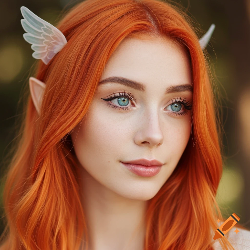 Photorealistic portrait of a young woman with bright orange hair, blue eyes, elf ears, and ear wings in an outdoor setting.