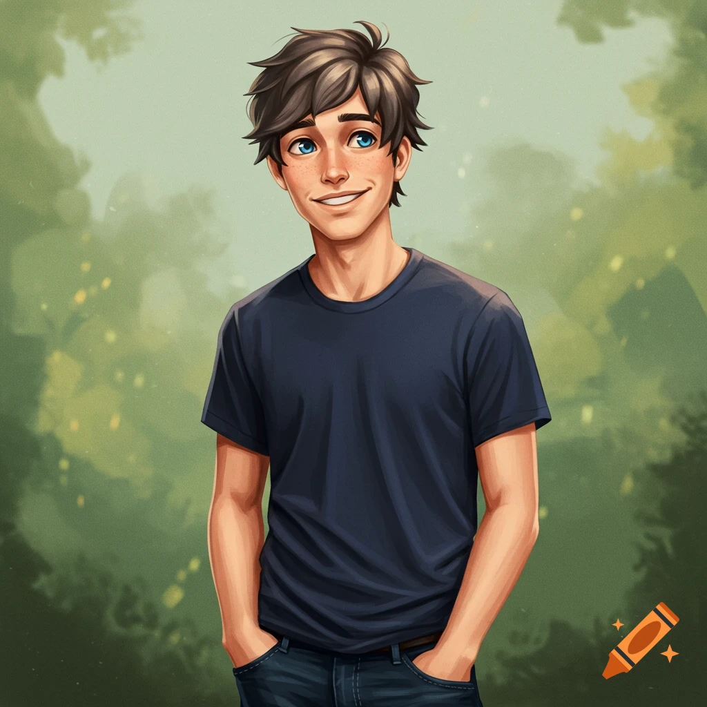 A smiling young man with spiky brown hair and blue eyes, wearing a navy t-shirt, hands in pockets.
