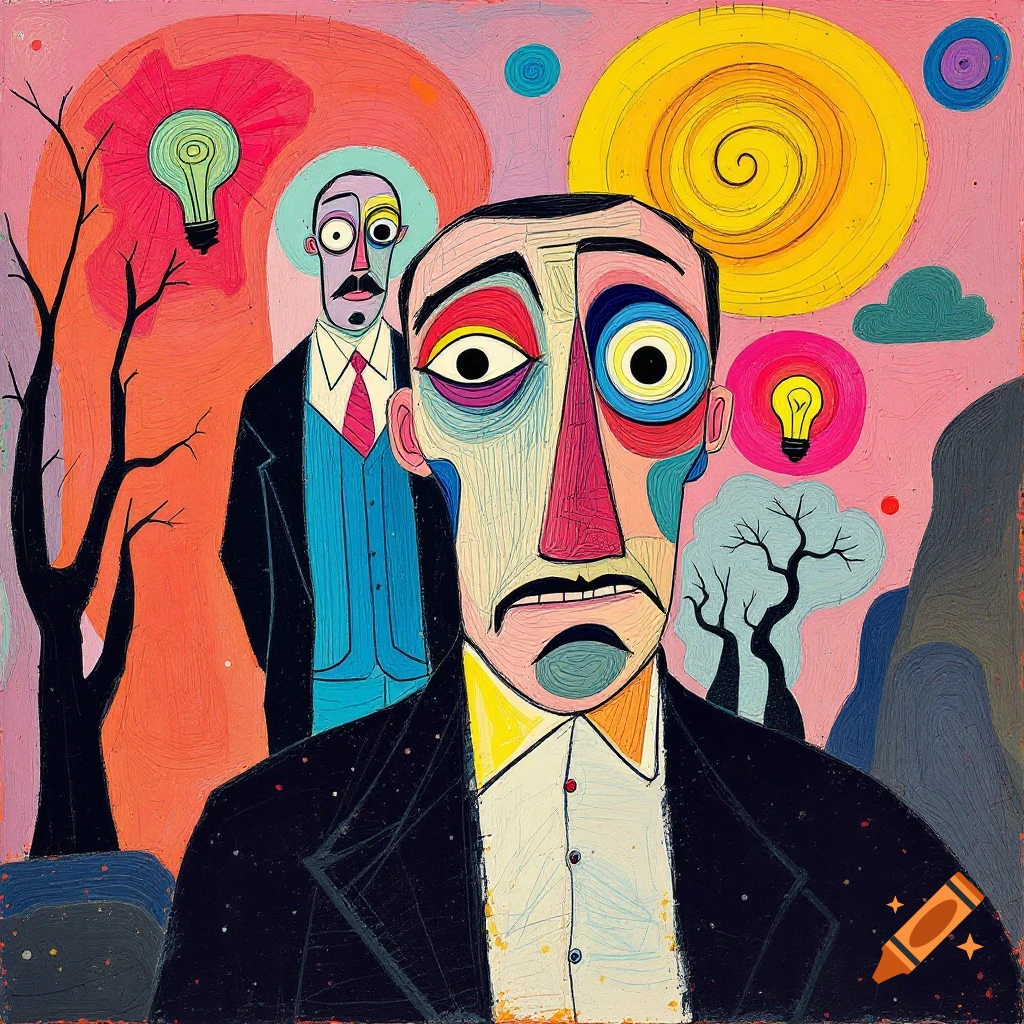 Surreal painting of two distorted figures under a bright sun and light bulbs in the style of Picasso or Dali.
