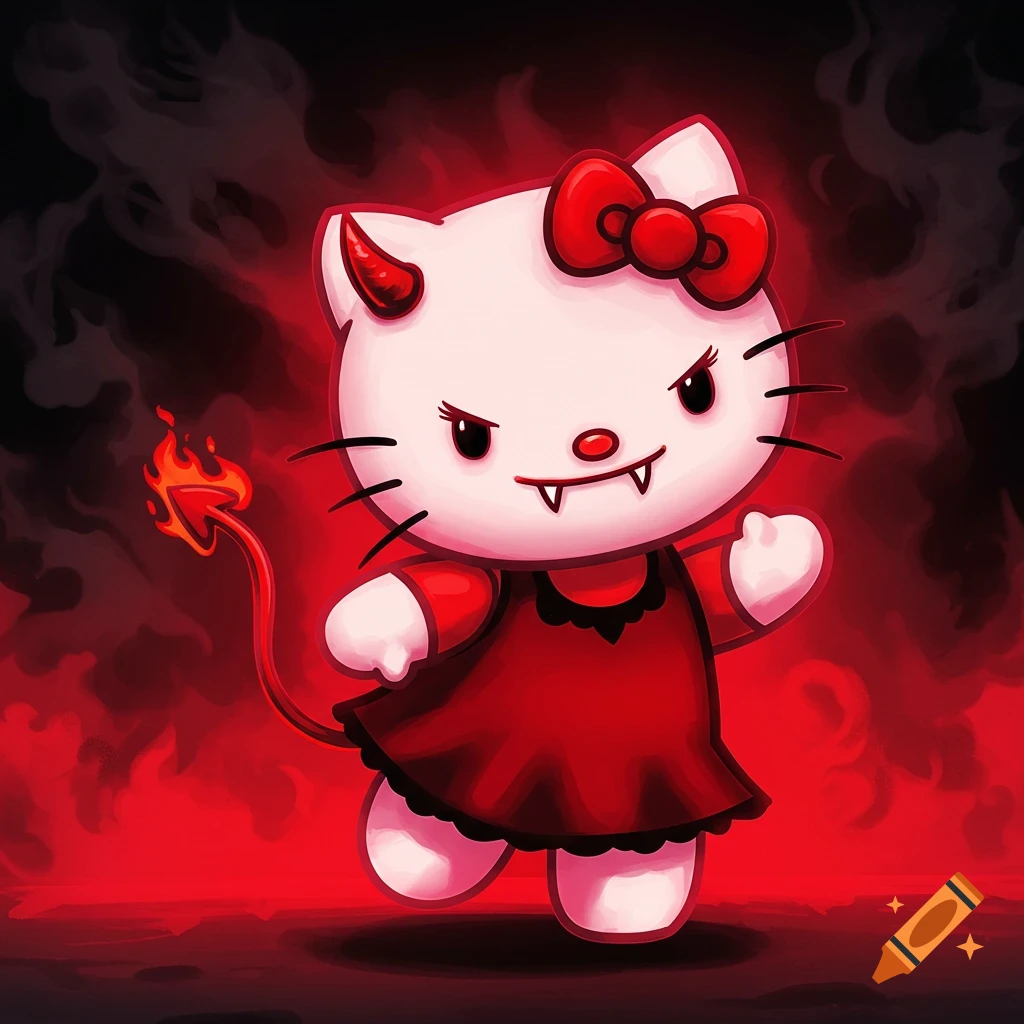 Hello Kitty dressed as a devil with horns, fangs, and fiery tail against a smoky background.