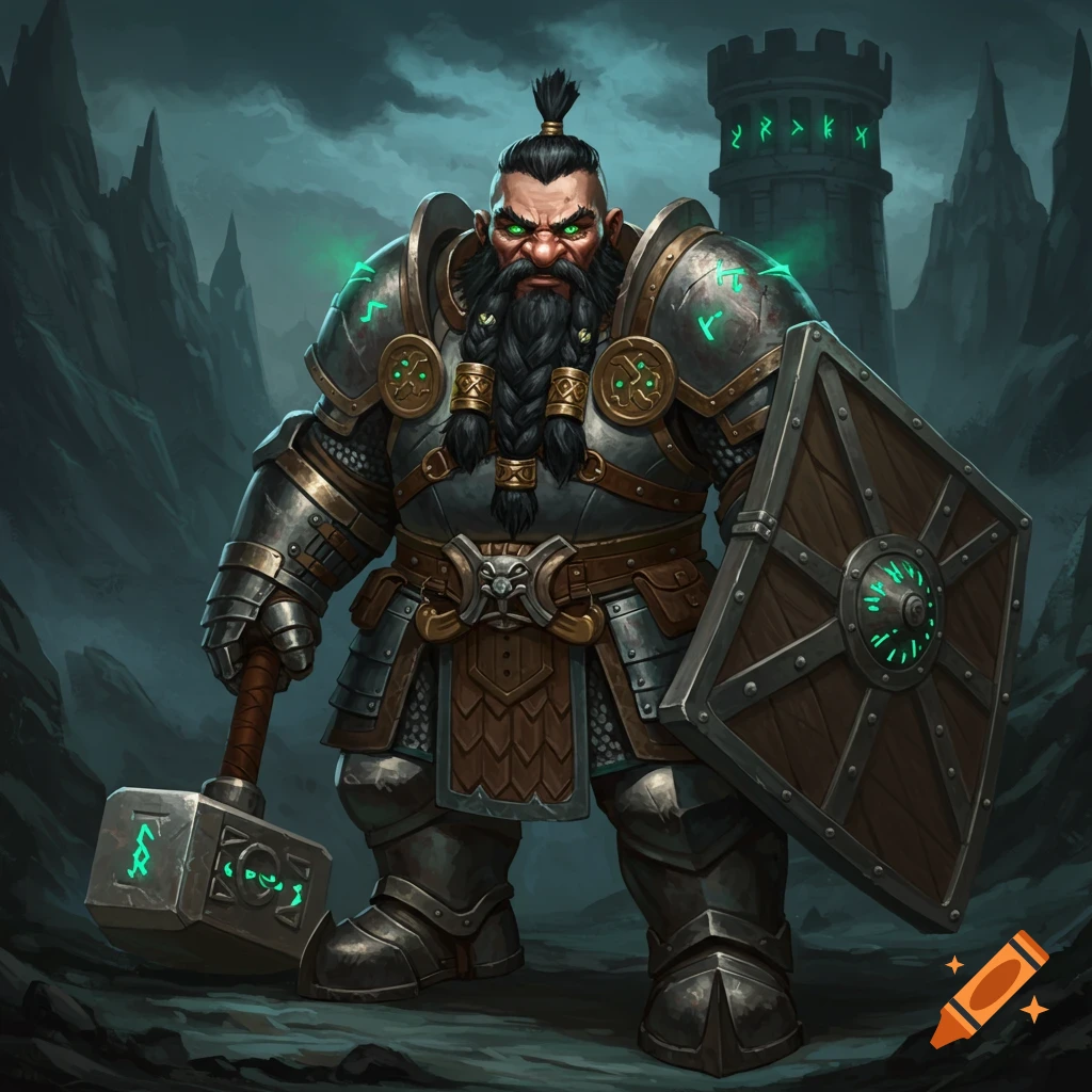 A dwarf warrior in heavy armor with a hammer and shield.