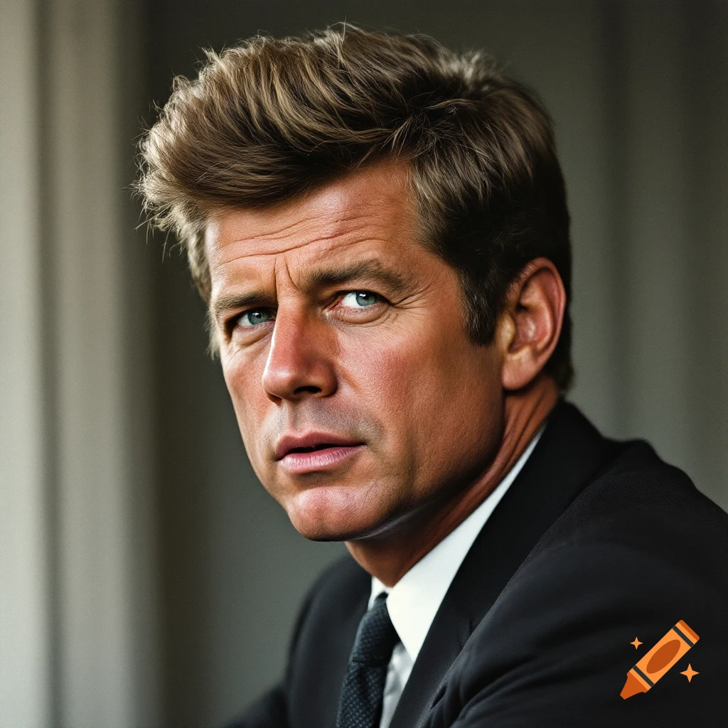 Portrait of a man resembling JFK in a suit with fluffy hair.