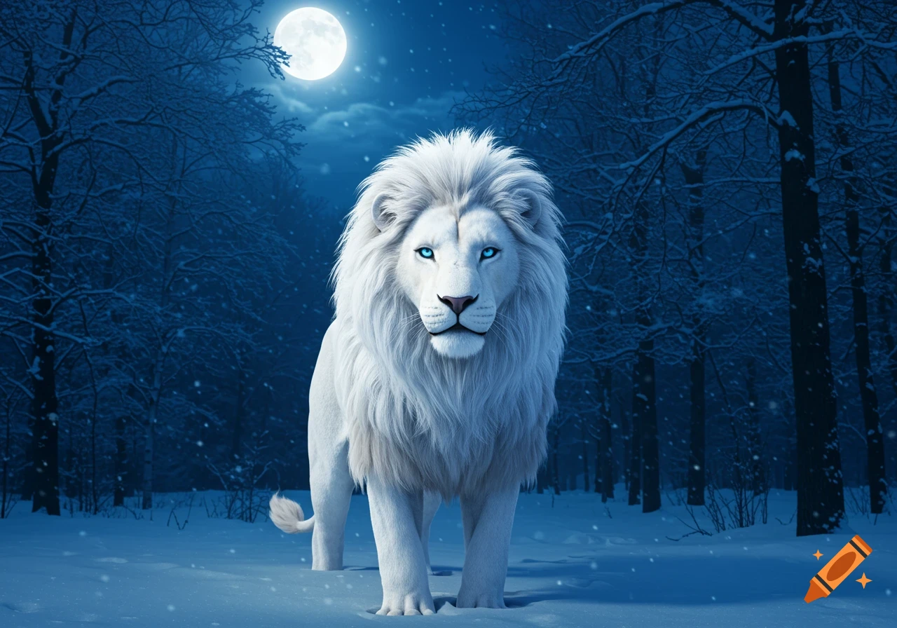 A majestic white lion stands in a snowy forest at night under a full moon.