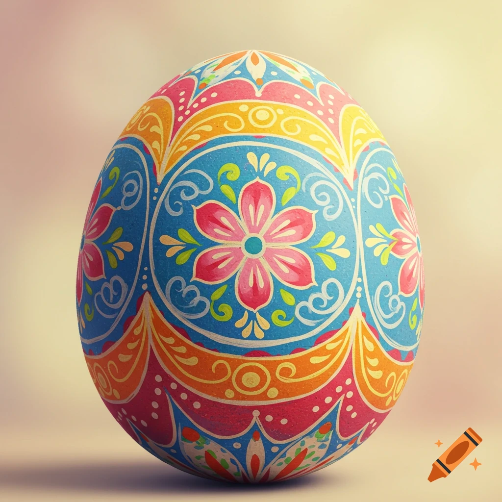 A vibrantly colored painted Easter egg with intricate floral patterns.