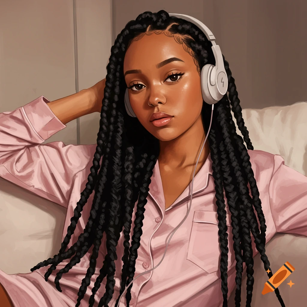 A young woman with long box braids, wearing pink pajamas and headphones, lounging.