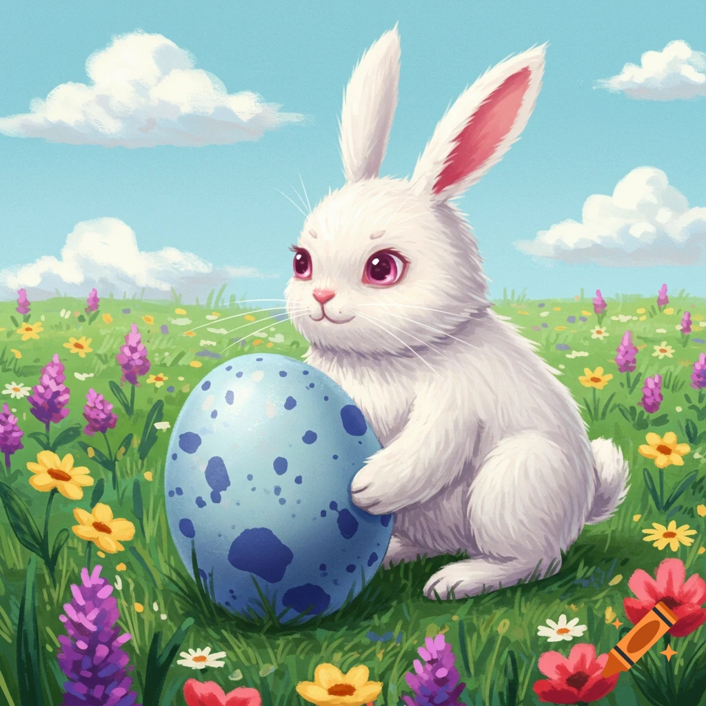 A white rabbit is hugging a blue speckled Easter egg in a flowery field.