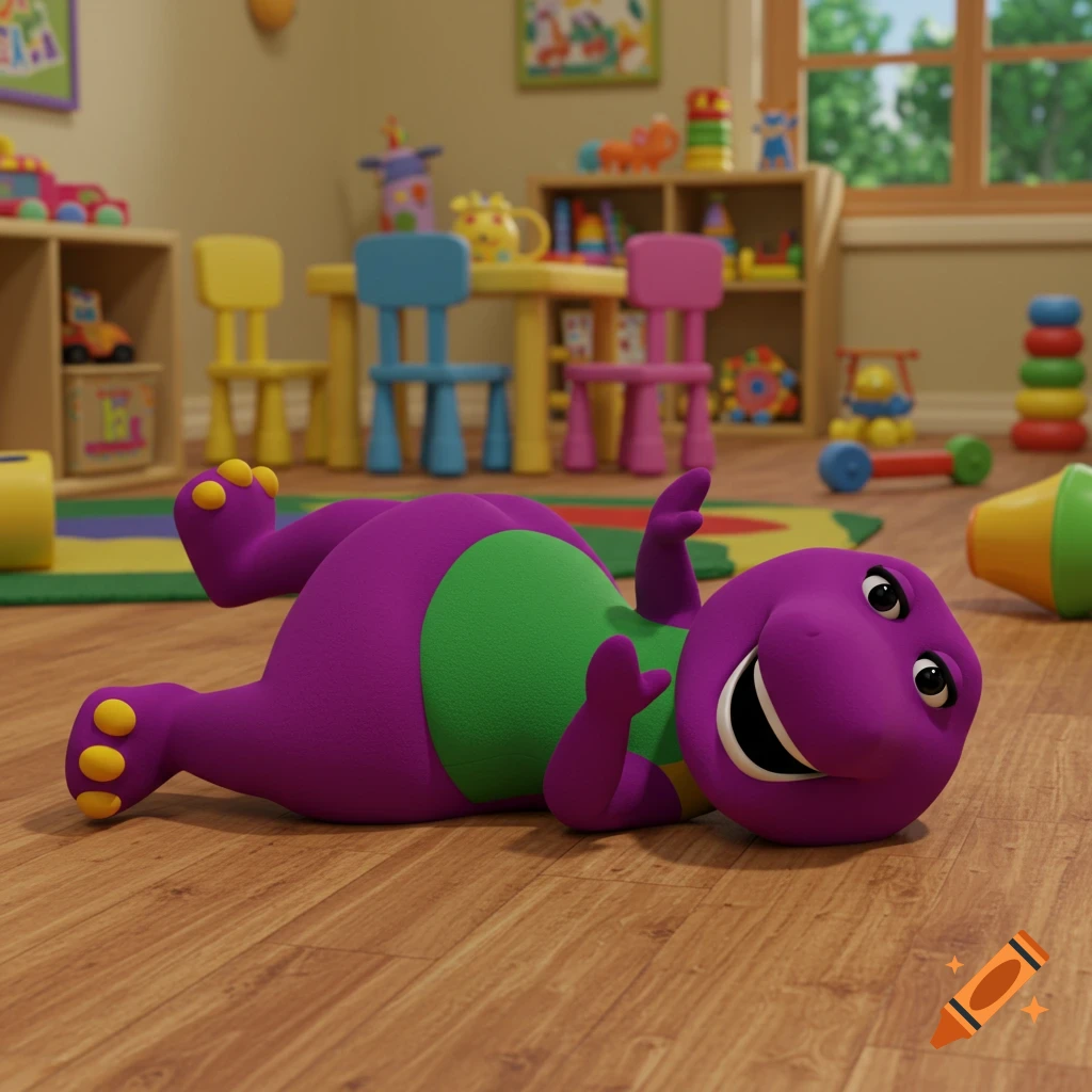 Barney the dinosaur lying on the floor in a playroom filled with toys.
