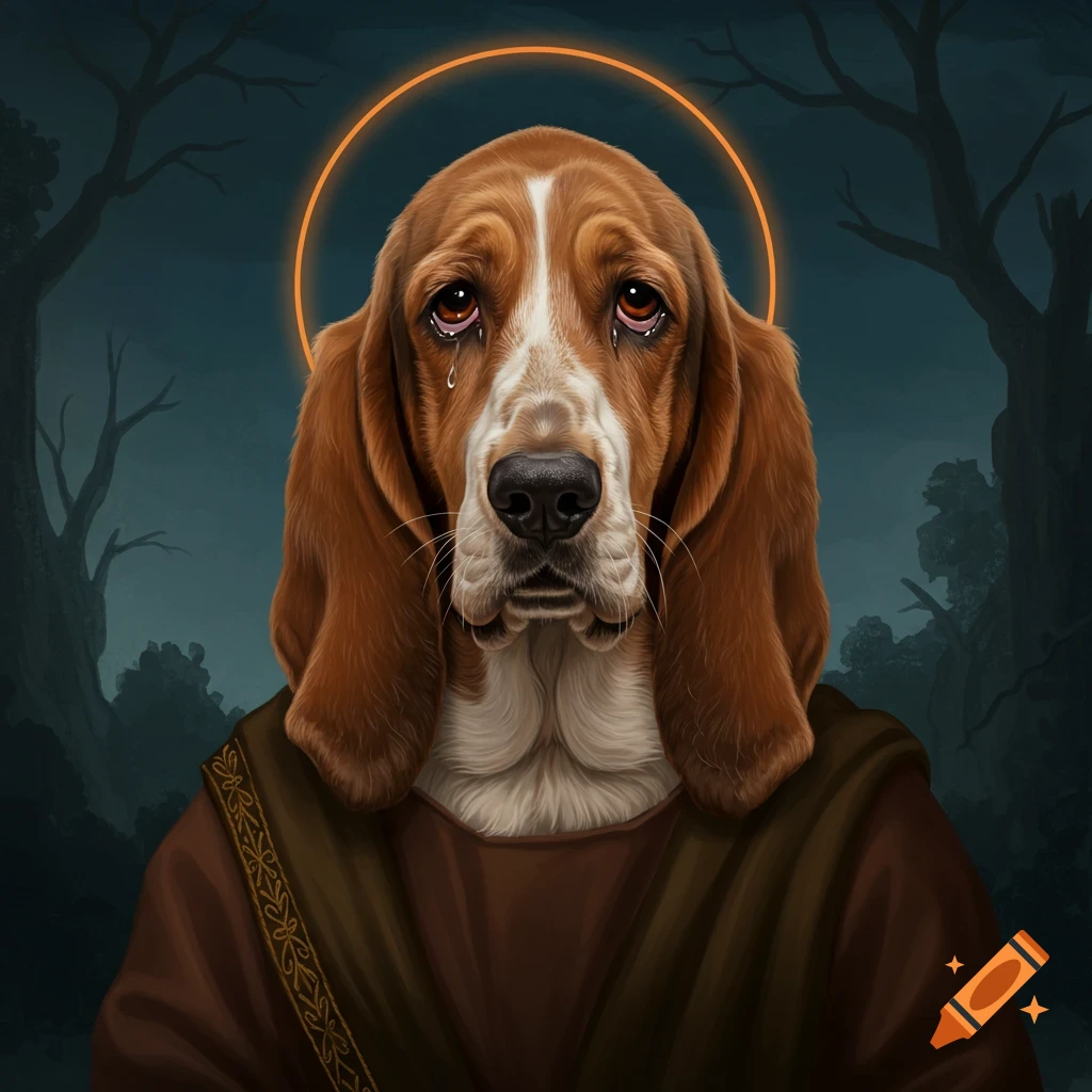 A sad basset hound dog dressed in robes with a halo, crying.