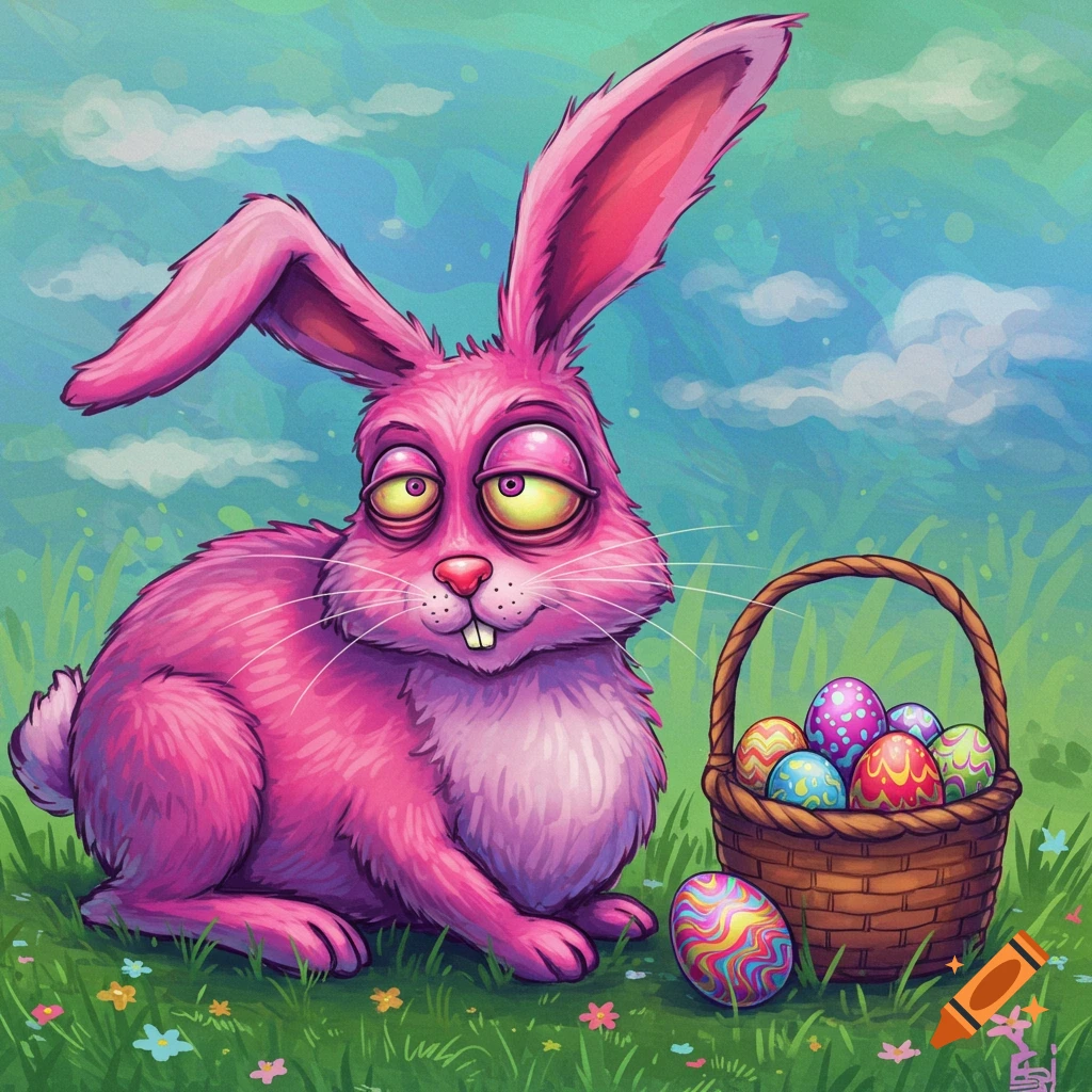 A pink Easter bunny with droopy eyes sits in a field next to a basket of decorated eggs.