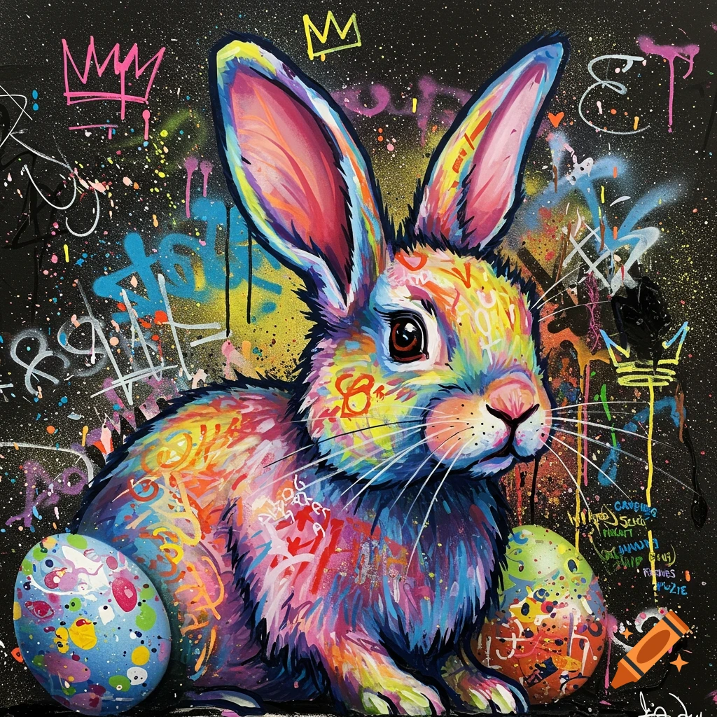 A vibrantly colored Easter bunny and two decorated eggs sit against a black background covered in graffiti and paint splatters in a street art style.