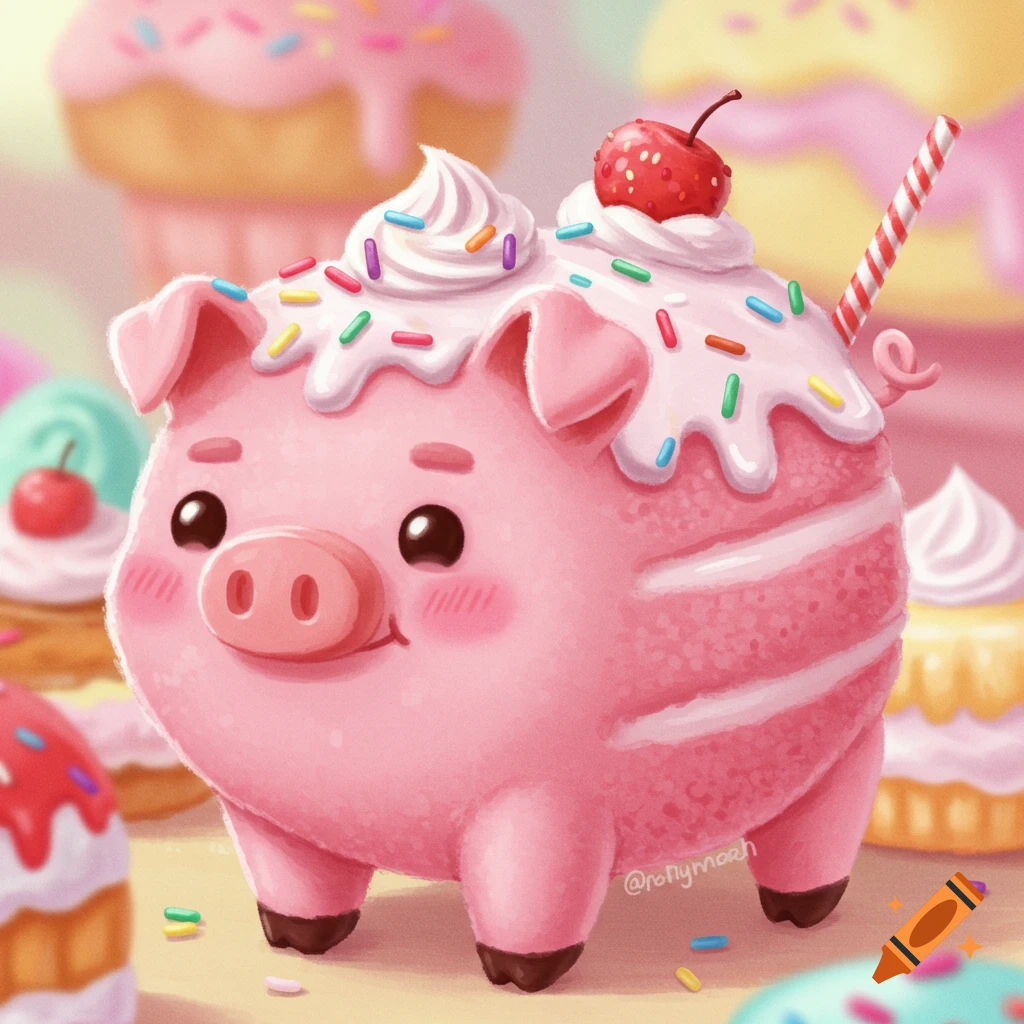 Pink pig styled as a cupcake with icing, sprinkles, and a cherry.