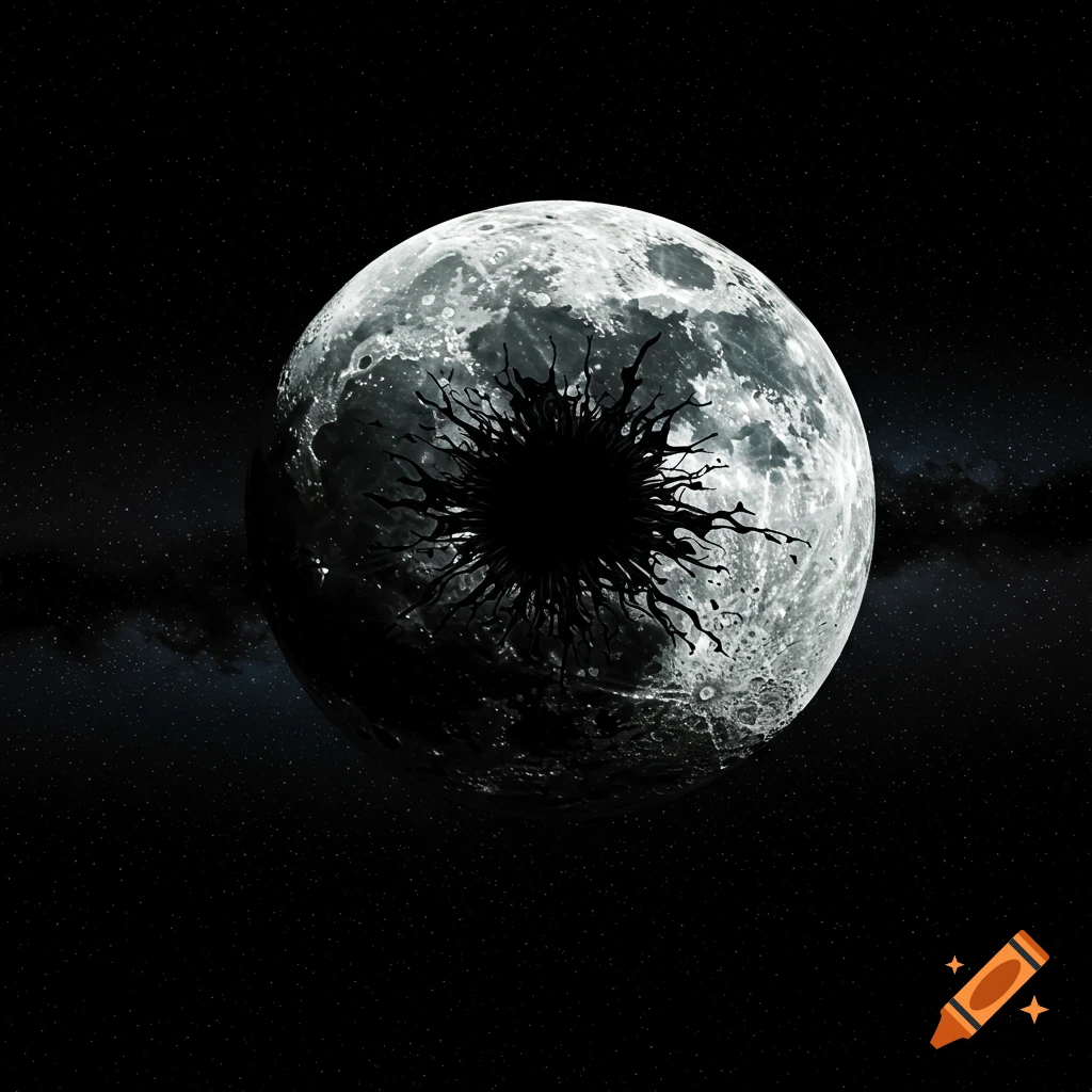 A full moon in space with a black mass and tendrils erupting from its center.
