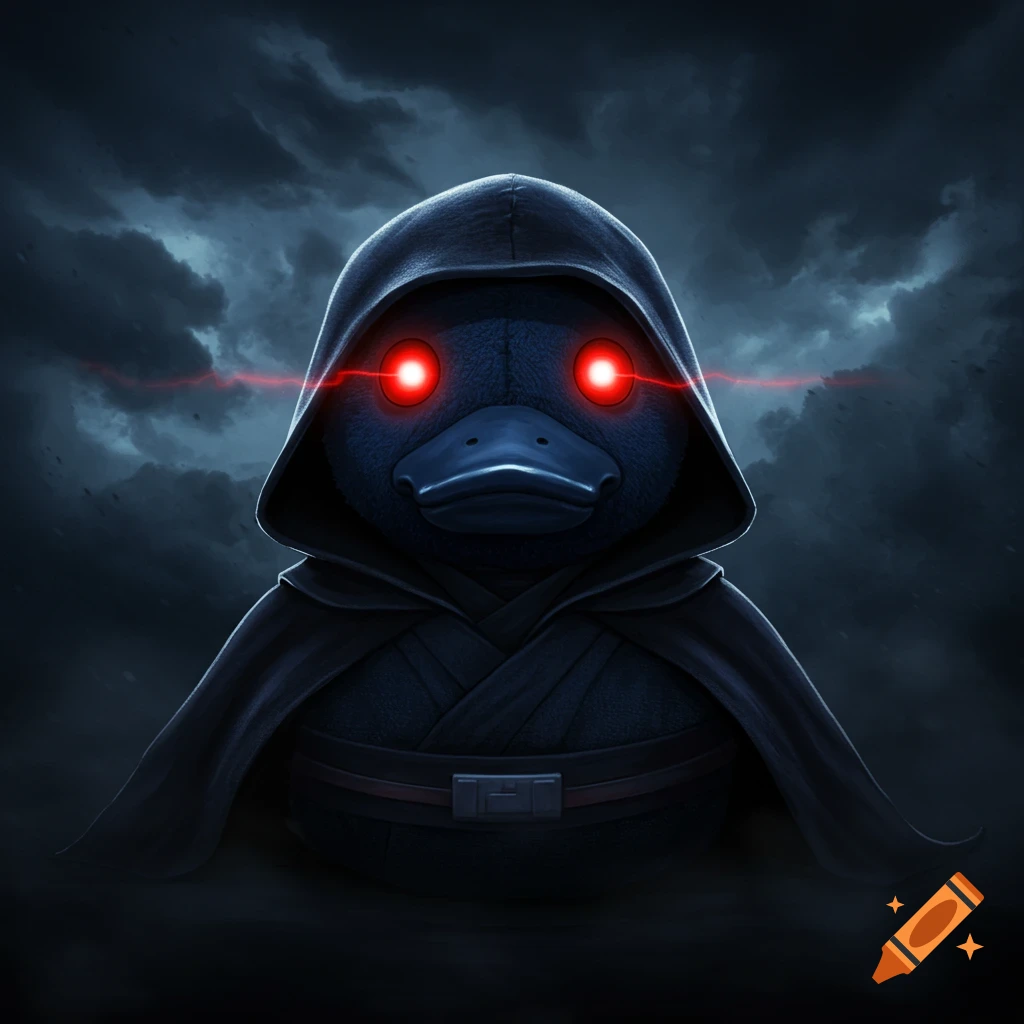 A dark hooded duck-like creature with glowing red eyes.
